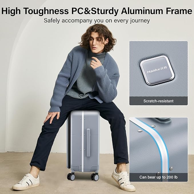 Hanke 20 Inch Carry On Luggage with Cup Holder and Charge,Top Opening Hard Shell Suitcases with Wheels and Dividers,Aluminum Frame Trunk Luggage Small Suitcase with Lock for Travel,Gray