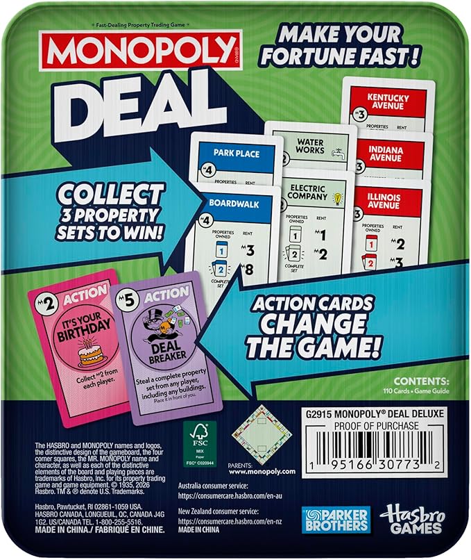 Monopoly Deal Card Game in Collectible Storage Tin | Ages 8+ | 2-5 Players | 15 Mins. | Fun Family Games for Kids, Teens, and Adults | Travel Games