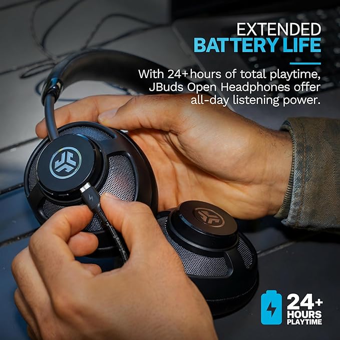 JLab JBuds Open Wireless Headphones, Black, Open-Back, Immersive Sound, Dual Coaxial 35mm + 12mm Drivers, Comfortable Breathable Open Fit, All Day Listening 24 Hour Playtime, Customize App