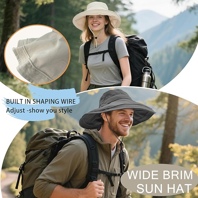 Sun Hats for Women Men UV Protection Wide Brim Bucket Hat with Ponytail Hole Waterproof Gardening Fold-Up Summer Cap