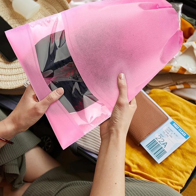 Pink Travel Shoe Bags - 5 Pcs Non-Woven Drawstring Packing Bags with Clear Window (15.7" x 11.8")