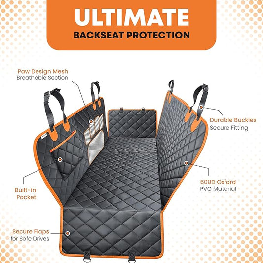 Dog Car Seat Cover for Back Seat, Hard Bottom Non Slip 600D Oxford Pet Hammock with seat Extender, Scratch & Water Resistant Backseat Cover for Dogs in Cars, SUVs & Trucks