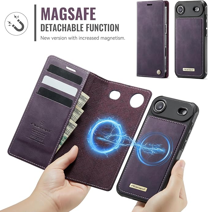 PlusnapX Wallet Case for iPhone Air Compatible with Magsafe, 2-in-1 PU Leather Flip RFID Blocking Card Holder Stand ShockAirof Magnetic Detachable Cover for iPhone 17 Air Case 6.5", Retro Purple