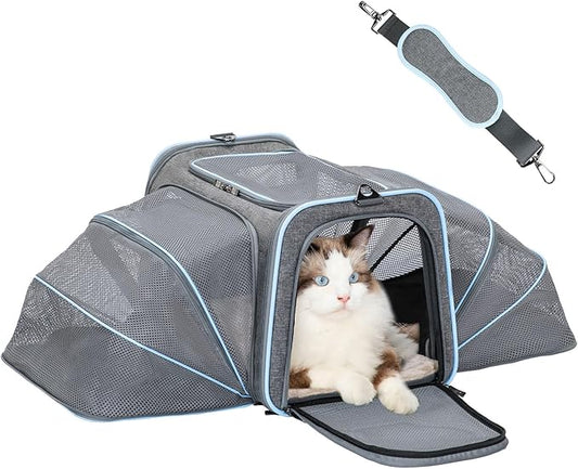 Petsfit Expandable Cat Carrier for 2 Cats Small Dog Carriers, Soft-Sided Portable Washable Pet Travel Carrier with Two Extension for Kittens, Puppies, Rabbits, 19 x 12x 12 inches, Light Grey