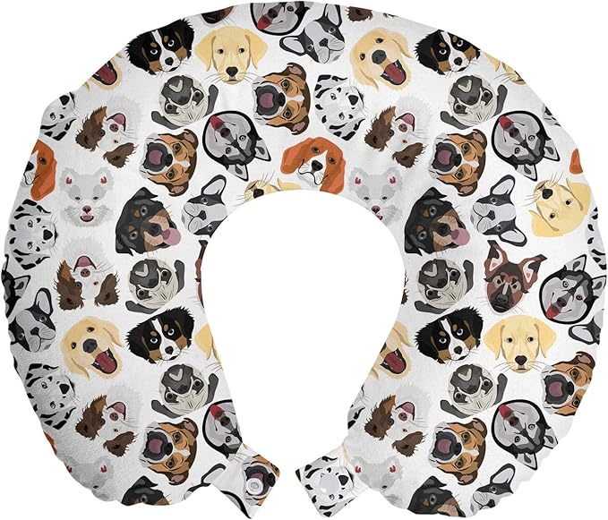 Ambesonne Dog Lover Travel Pillow Neck Rest, Illustrations of Types of Animal Pet Faces Patterns Creative Tongue Out Big Ears, Memory Foam Traveling Accessory for Airplane and Car, 12", Brown White