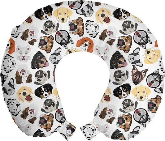 Ambesonne Dog Lover Travel Pillow Neck Rest, Illustrations of Types of Animal Pet Faces Patterns Creative Tongue Out Big Ears, Memory Foam Traveling Accessory for Airplane and Car, 12", Brown White