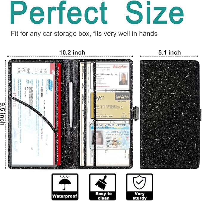 RSAquar Car Registration and Insurance Holder, Vehicle Glove Box Organizer Cool Car Accessories, Auto Truck Document Holder for Cards, Driver License, Black Glitter