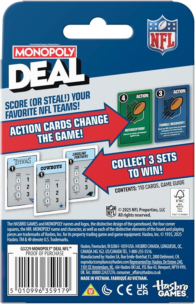 Monopoly Deal NFL Edition Game | Officially Licensed NFL Card Game for Families and Kids | Ages 8+ | 2-5 Players | 15 Mins. | Football Games | Christmas Stocking Stuffers