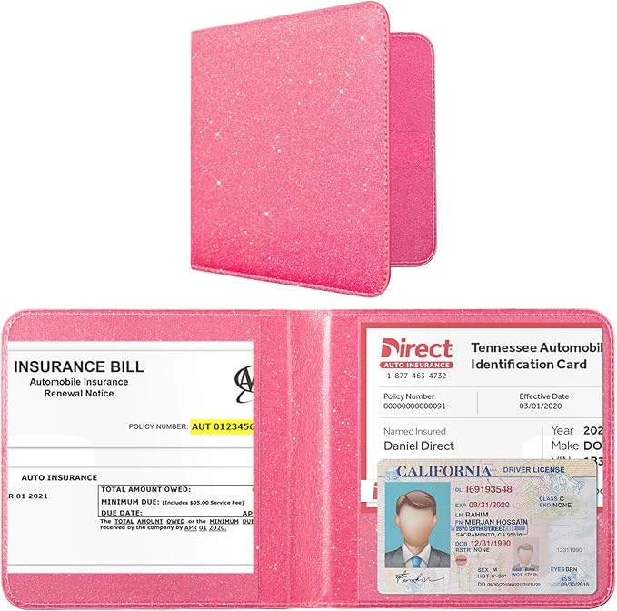 CoBak Car Registration and Insurance Holder - Small and Lightweight Vehicle Glove Box Car Organizer, Auto Truck Comparment Accessories Case for Essential Document, Driver License (Glitter Rosy)