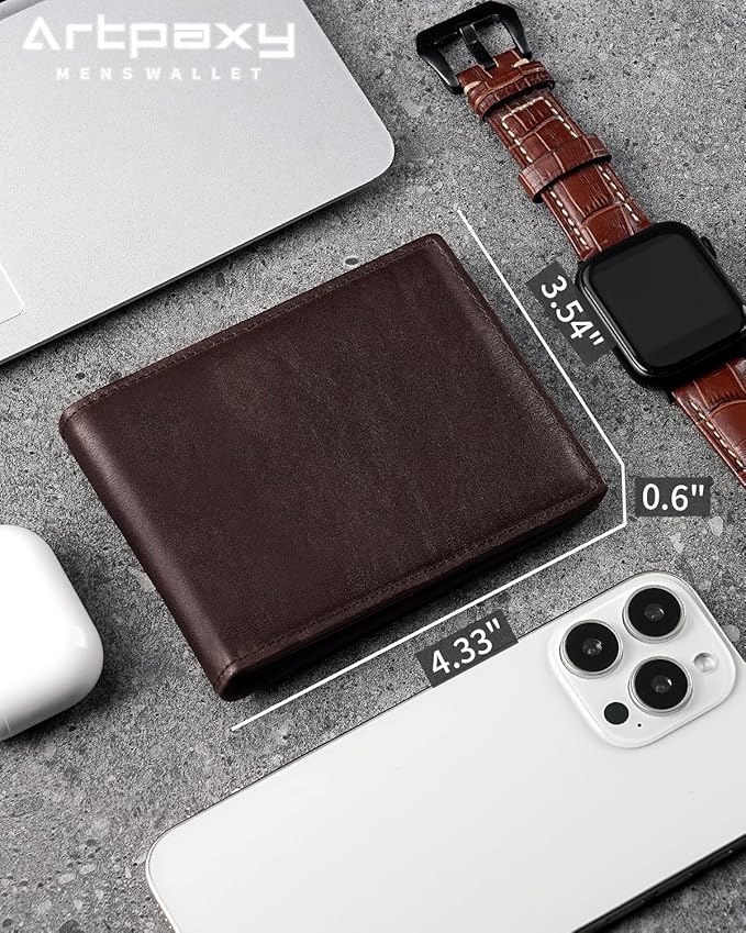 Artpaxy Mens Wallet Genuine Leather Bifold RFID Blocking Wallet for Men with 2 ID Windows 12 Card Holders 2 cash pockets 1 Gift Box