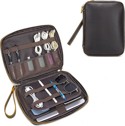 LANNSYNE Full Grain Leather Electronic Organizer Accessory Travel Tech Pouch, Cable Accessories Bag, Storage Carry Case for Charger, Phone, Power Bank, Cables