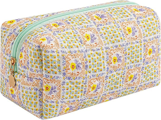 Makeup Bag Travel Cosmetic Bag for Women Girls, Zipper Make Up Pouch, Floral Flowers Toiletry Organizer Makeup, Portable Storage Bag, Cosmetic Travel Cloth Bag (Green Checkered Floral)