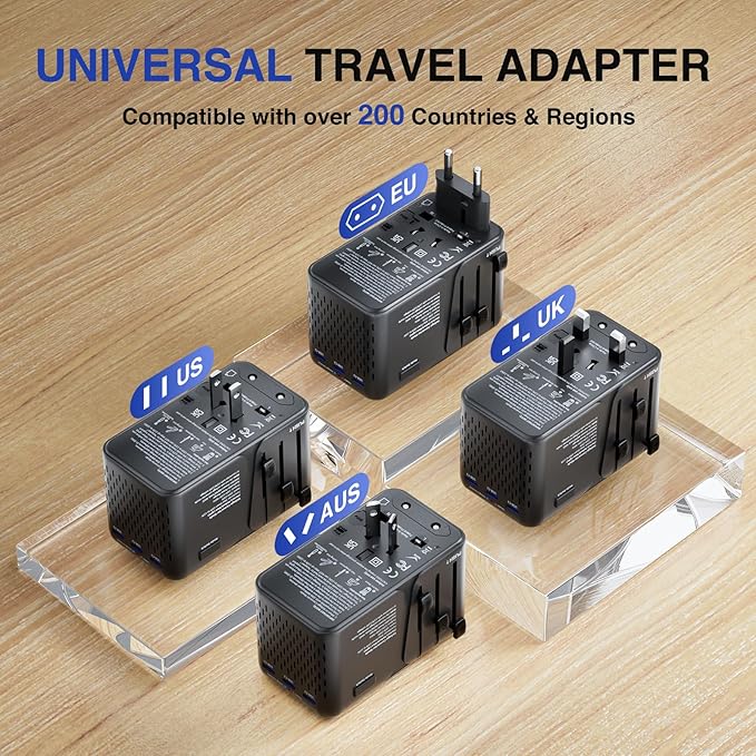 DAILYLIFE 220V to 110V Converter, Travel Adapter US to Europe - Power Converter Adapter Combo with 3 USB C and 1 USB A for US/UK/EU/AU, (1 Pack) - Black