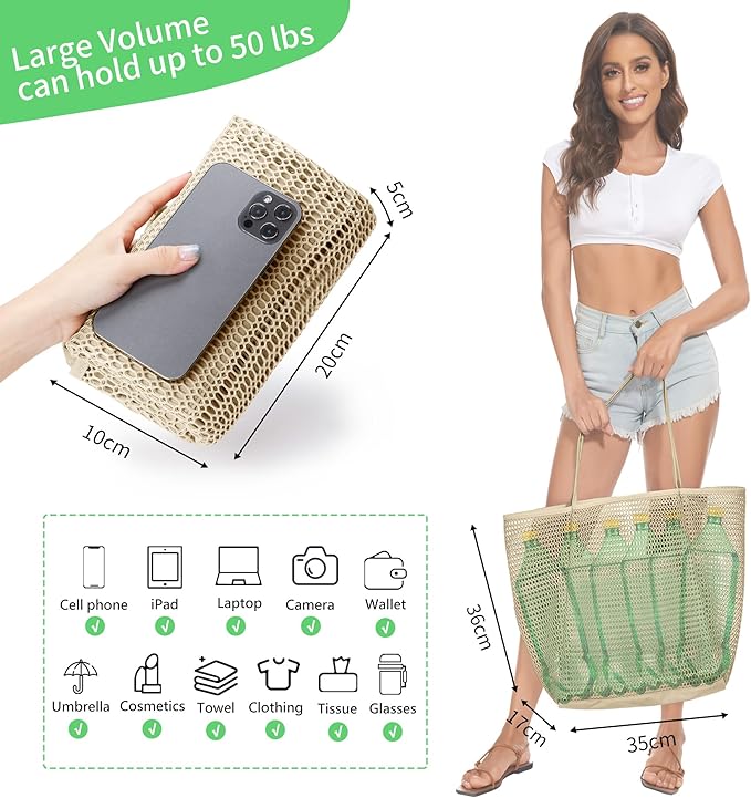 KALIDI BeachNylon Mesh Tote Bag, Casual Tote Bag Hobo Women Foldable MAX 23L Shoulder Bag For Beach Picnic Vacation