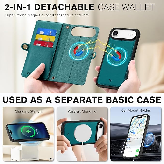 TUCCH Detachable Crossbody Wallet Case for iPhone Air (6.5"), 9 Card Holders RFID Blocking | Lanyard | Wrist Strap | Wireless Charging | Zipper Pocket | PU Leather | Stand Flip Cover | Bluish Green