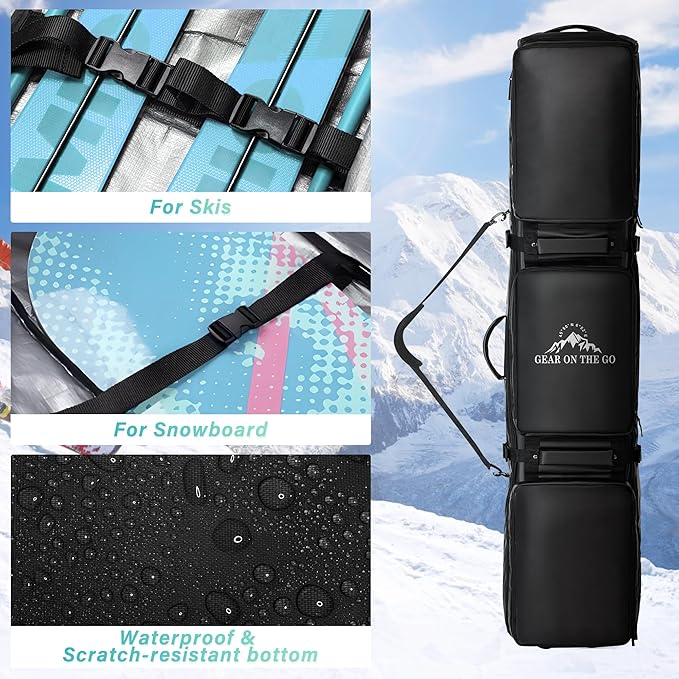Ski Bag with Wheels, Extendable Snowboard Bag, Waterproof 900D Ski Bags for Air Travel, Padded Snowboard Bag with Backpack & Shoulder Strap