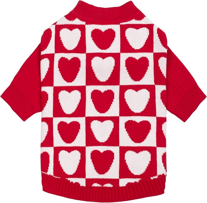 Fitwarm Checkered Heart Dog Sweater, Cozy Valentines Outfit for Small Dogs Girl, Festive Pet Clothes, Red, White, Medium