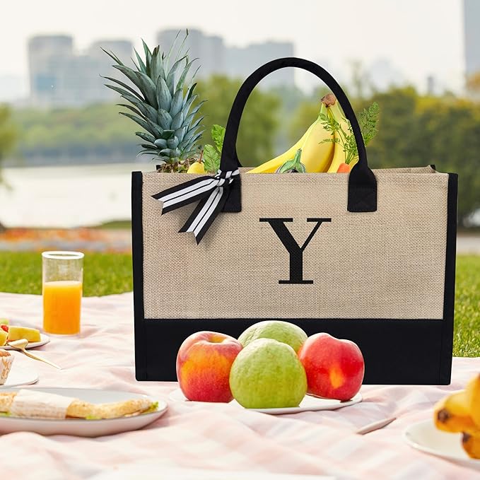 TOPDesign Personalized Initial Canvas Beach Bag, Monogrammed Gift Tote Bag for Women