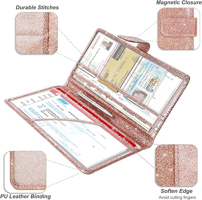 RSAquar Car Registration & Insurance Holder, Vehicle Glove Box Organizer, Cool Accessories for ID, Driver License Cards & Essential Documents, Glitter Rose Gold