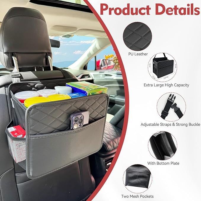 Upgraded Extra Large Car Seat Organizer Backseat with 3 Storage Pockets, Multipurpose Car Organizer Hanging Car Trash Bag Can Premium PU Leather Garbage Can 3 Gallon Large Capacity, Black.