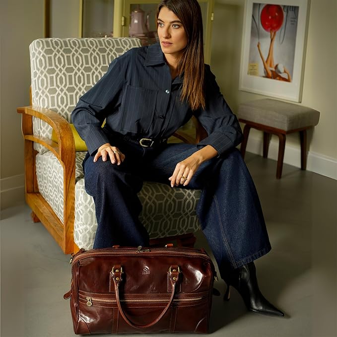 Time Resistance Leather Travel Bag - Duffel Weekender Bag (Brown)