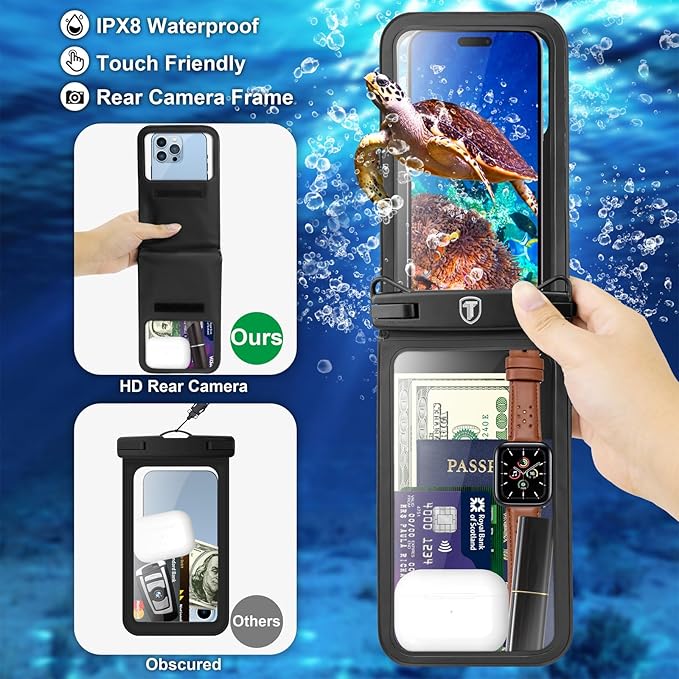 [2-Pack] Tekcoo Double Space Detachable Waterproof Phone Case IPX8 Pouch Lanyard Dry Bag for iPhone 17/16/15/14/13/12/Pro Max/Air/Pro/Xr/8/SE, Galaxy S25/S24/S23/S22/S21/FE/A17/A16/A15 up to 7"