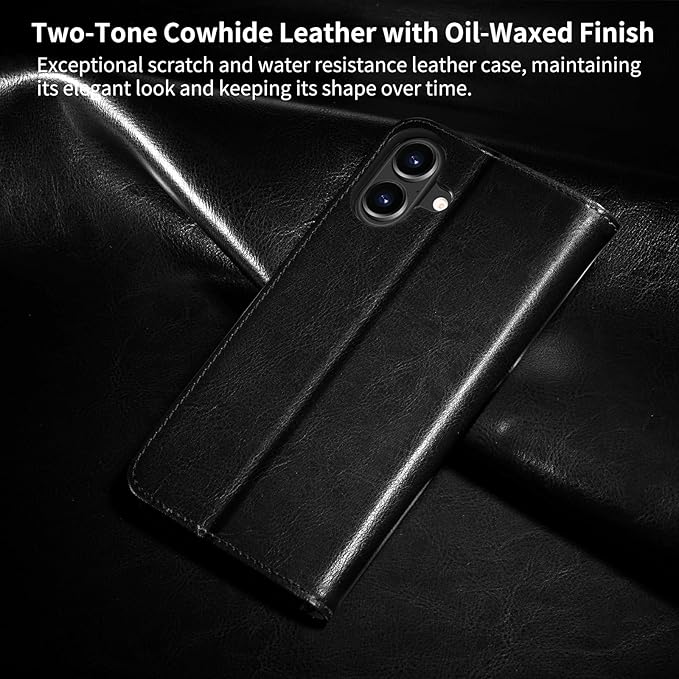 Belemay Leather Wallet Case Compatible with iPhone 17, Premium Cowhide Leather Two-Tone Effect, RFID Blocking Card Holders, Shockproof TPU Shell, Kickstand, Protective Flip Cover, 6.3", Black