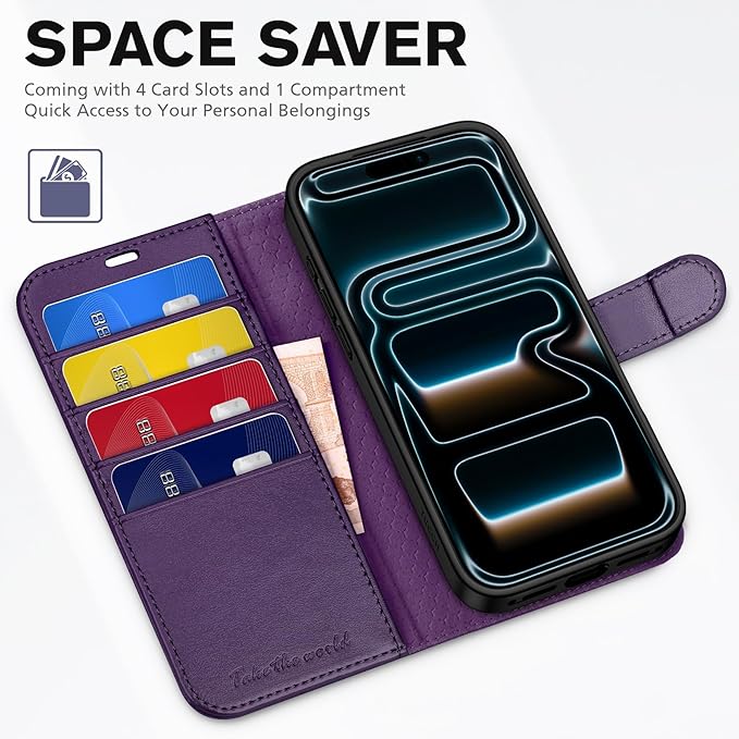 TUCCH Case Wallet for iPhone 17 Pro Max (6.9") 2025, Stand | RFID Blocking | 4 Card Holder | TPU Shockproof Inner Shell | PU Leather | Magnetic Closure Folio Protective Cover | Deep Purple