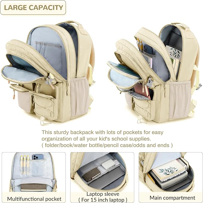Lohol Water Resistant Backpack with Mulitiple Pockets for Travel Outdoor College, 15.6 inch Laptop Bookbag for Girl and Women (Beige)