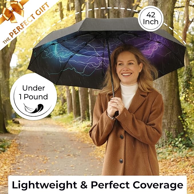 TUMELLA Strongest Windproof Travel Umbrella (Compact, Superior & Beautiful), Small Strong but Light Portable and Automatic Folding Rain Umbrella, Durable Premium Grip, Fits Car & Backpack
