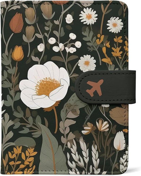 Passport Holder, Travel Wallet Cover with Pen Loop | Cute RFID Blocking Leather Case with Magnetic Closure for Travel Essentials-flower