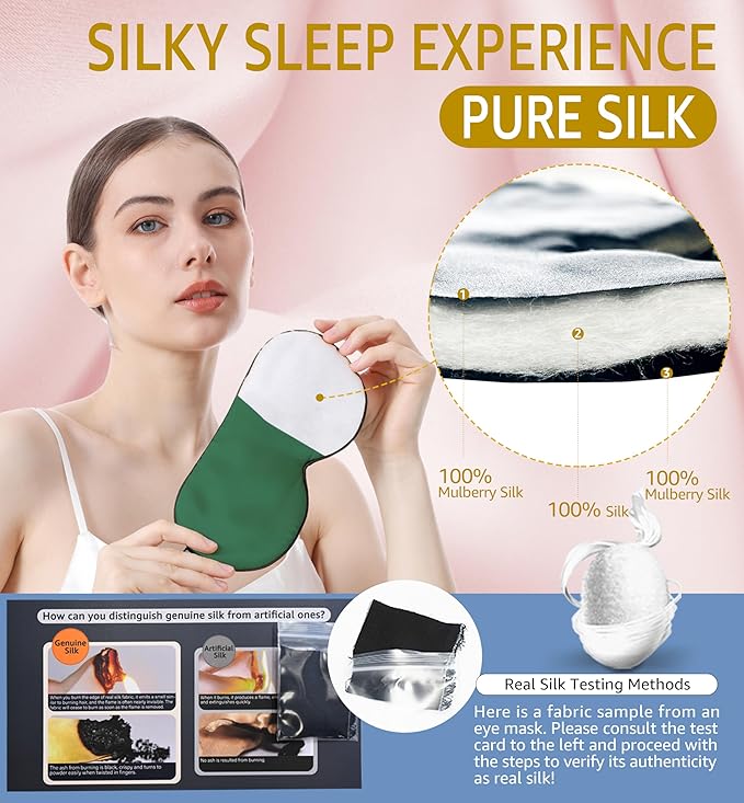 Luxury Pure Silk Sleep Mask | 100% Natural Mulberry Silk | Double-Sided Softness | Adjustable Strap & Full Light Blocking | Perfect for Travel, Office Naps & Nighttime Sleep (Forest Green)