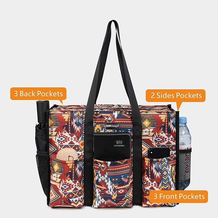 TOPDesign Utility Water Resistant Tote Bag with 13 Pockets, Top Zipper Closure & Thick Bottom Support, for Working Women