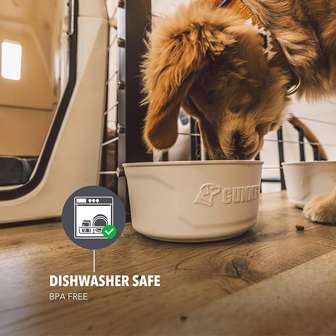 GUNNER Dog Bowl with Spill-Proof Travel Lid – 7.5" x 3.75", 1.3 lb, 7-Cup Capacity, BPA-Free, Rust-Proof, Shock-Resistant, Stackable, Dishwasher Safe, Leak-Resistant Nesting Lid – White