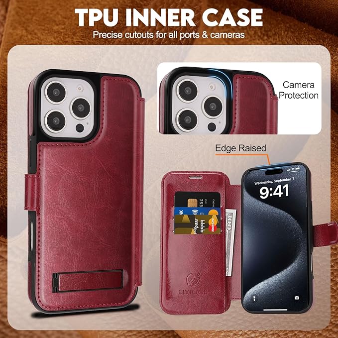 CIVICASE for iPhone 16 Pro Wallet Case with Stand,PU Leather Flip Credit Card Holder Slots (RFID Blocking),Compatible with Magsafe Magnetic Holder Phone Cover Women Men,Wine Red