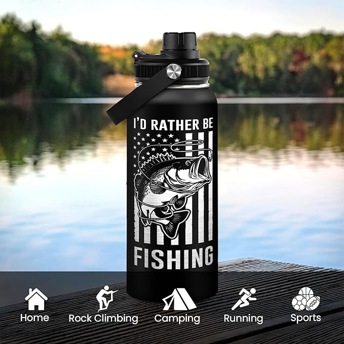 Fishing Water Bottle - 32oz Stainless Steel Insulated Bottles with lid - Deer Fishing Gifts for Fisherman Papa Dad Husband - Gift for Christmas Birthday Fathers Day