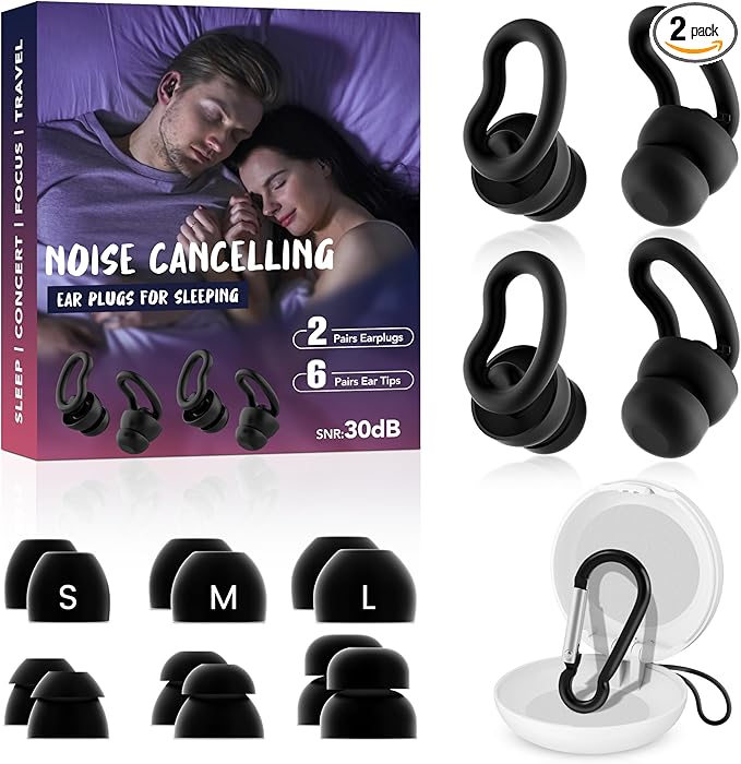 Noise Cancelling Ear Plugs for Sleeping - 2 Pairs Reusable Soft Silicone Noise Block Earplugs for Sound Proof, 30db Noise Reduction Earplug for Sleep, Snoring Blocking, Concert