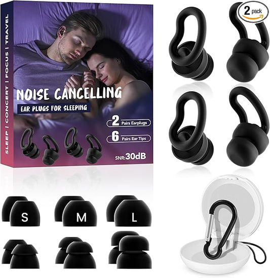 Noise Cancelling Ear Plugs for Sleeping - 2 Pairs Reusable Soft Silicone Noise Block Earplugs for Sound Proof, 30db Noise Reduction Earplug for Sleep, Snoring Blocking, Concert