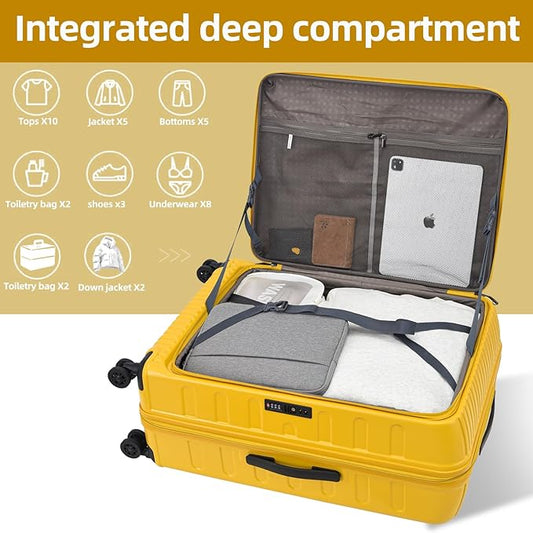 29 Inch Luggage with Expansion & Side Opening Design, 50 * 31(35)*76cm, 117L~133L Ligthweight ABS+PC Hardshell Checked Suitcase, Yellow