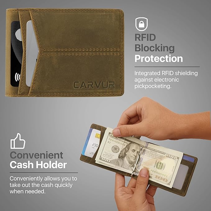 Slim Bifold RFID Blocking Full Grain Genuine Leather Front Pocket Minimalist Thin Wallet with Money Clip for Men - (SB20)