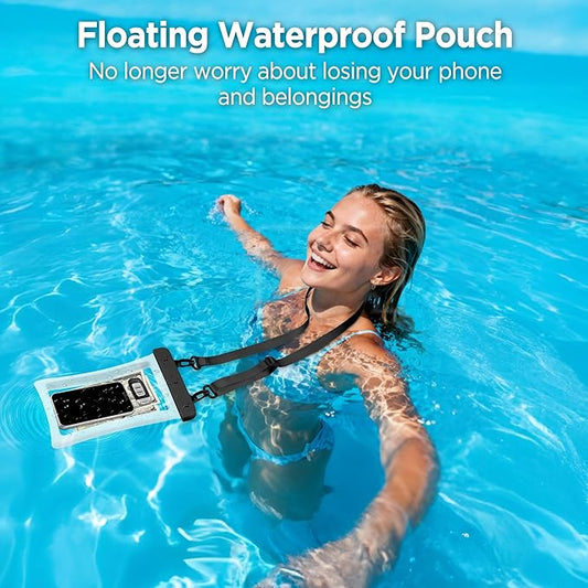 CACOE [Floatable Floating Universal IPX8 Waterproof Phone case 2 Pack-Up to 10.0",Adjustable Lanyard Phone Pouch,Dry Bags for Vacation Beach Pool Kayak Cruise Travel Essentials（Black+Black-#2）