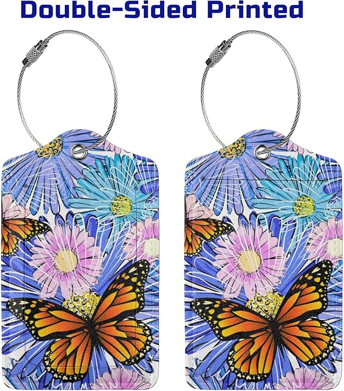 Set of 2 Artistic Flowers Luggage Tags with Butterfly Pattern, Pretty Suitcase Tag Privacy Name ID Card Pink Blue Floral Travel Bag Labels with Stainless Steel Loop for Women Girls Kids Adult