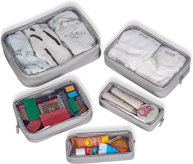 TSA Approved 5-Piece Diaper Bag Organizer Pouch Set Clear Waterproof TPU Kids Toiletry Storage Set Travel Packing Clutch Cube Bags for Baby Nursing