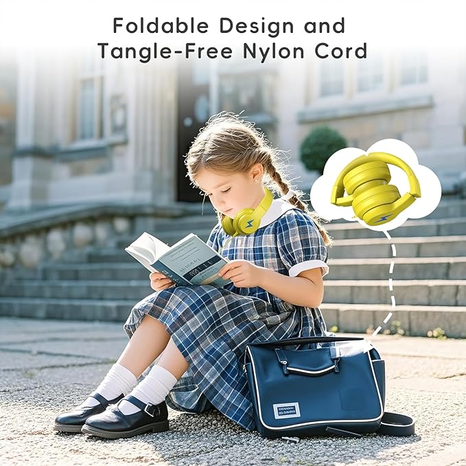 Kids Headphones, Wired Headphones for Kids Over Ear with Microphone, 85/94dB Volume Limiter Headphone for Girls Boys, Foldable Headphone for Learning & Entertainment, Yellow