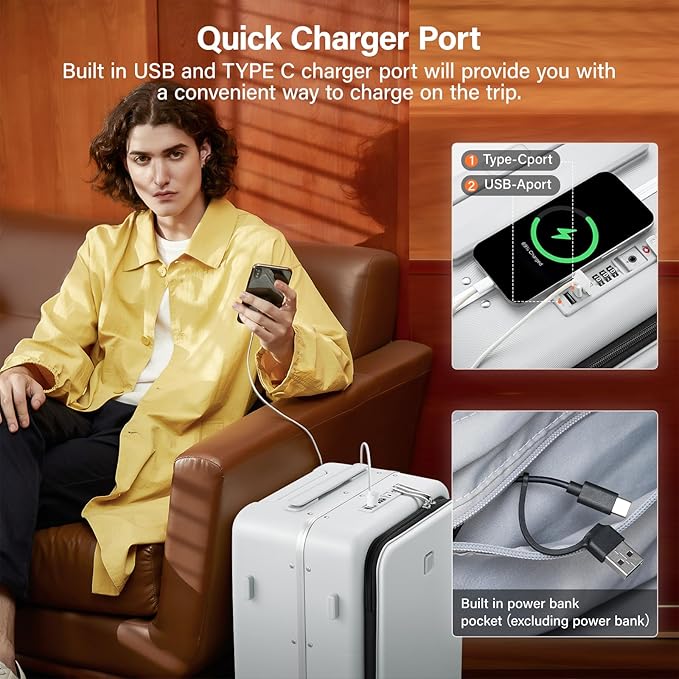 Hanke 24 Inch Luggage with Cup Holder and Charge,Top Opening Hard Shell Suitcases with Wheels and Dividers,Aluminum Frame Trunk Luggage Medium Checked Suitcase with Lock for Travel,Smoke White