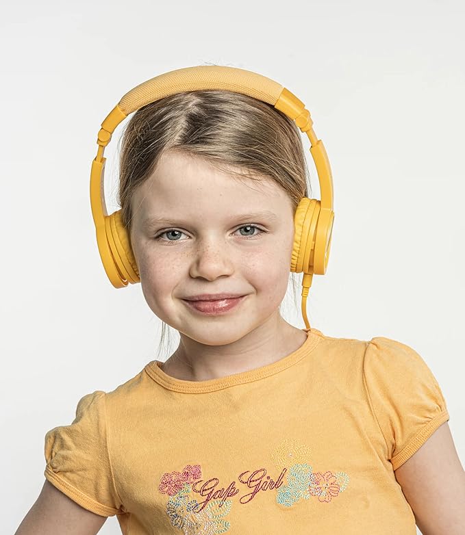 BuddyPhones Explore Plus | Foldable Kids Wired Headphones, Built-in Audio Sharing Cable with in-Line Mic - SafeAudio Volume-Limiting for Kindle, iPad, iPhone, or Android (Cool Blue)