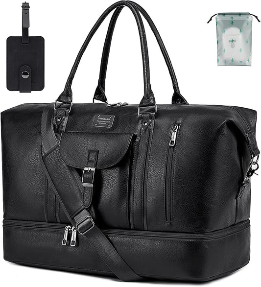 weiatas Faux Leather Travel Duffel Bag for Women Men, Large Weekender Overnight Bag with Shoes Compartment, Waterproof Carry On Bag Travel Tote Bag Gym Bag with Luggage Strap (Black)