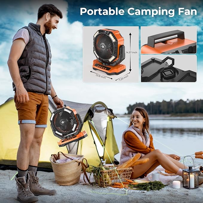 40000mAh Camping Fan with Light - 12in Rechargeable Battery Powered Fan (136H Cool Max), 90°Auto Oscillating with Remote & Charger, 4 Speeds & Timers for Outdoor/Patio/Garage/Jobsite/Hurricane/Outage