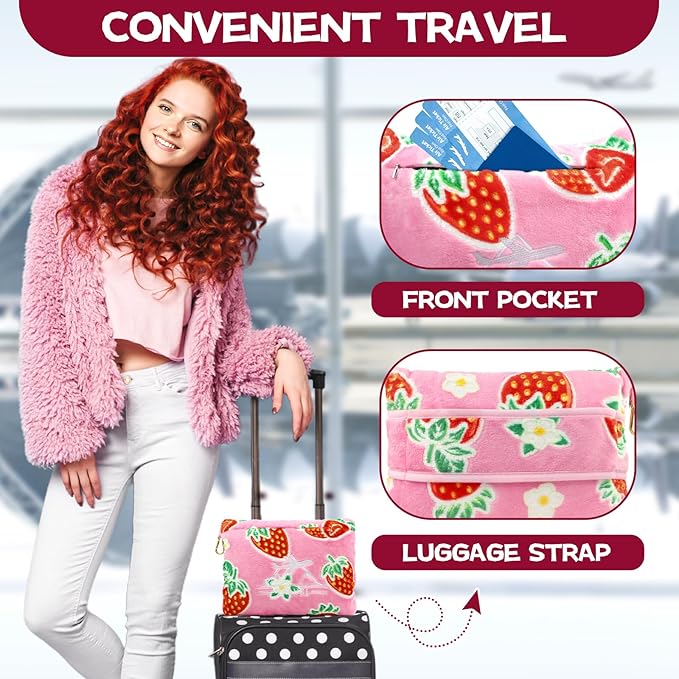Strawberry Blanket and Pillow Set - Glow in The Dark Kids Travel Blanket Airplane Compact, Soft Fuzzy Pink Fruit Fleece Throws for Car, Plane, Traveling - Cute Strawberry Gifts for Girls 40"x60"