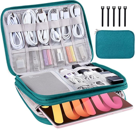 Electronics Organizer,Travel Cable Organizer Bag,Water Resistant Double Layers Pouch for Cable,Cord,iPhone,iPad Mini,Gift for Men Electronic Accessories Storage Case with 5 Cable Ties,Green